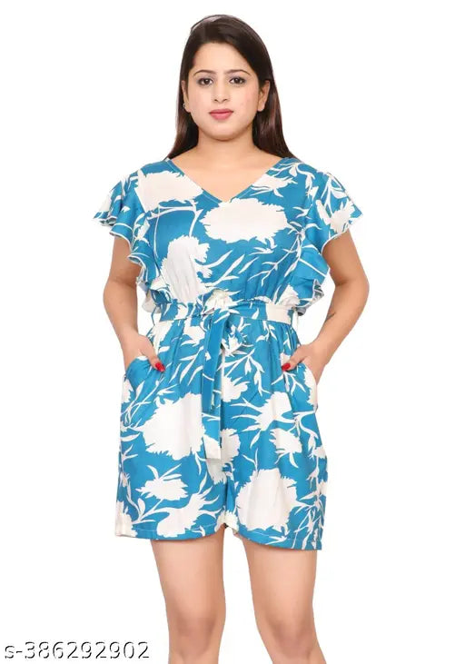 Ladik way blue printed cotton blend casual V-neck short sleeves jumpsuit for women and girls, featuring ruffled sleeves, side pocket, and back zip closure