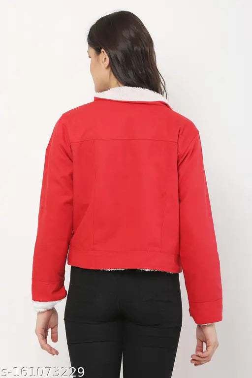 Solid denim casual jacket with fur, long sleeves, XS size