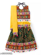 Green Kutchi Embroidered Girls Chaniya Choli with Yellow Dupatta, cotton, sleeveless, embroidered, India, Navratri festive collection, 365s NEW TREND