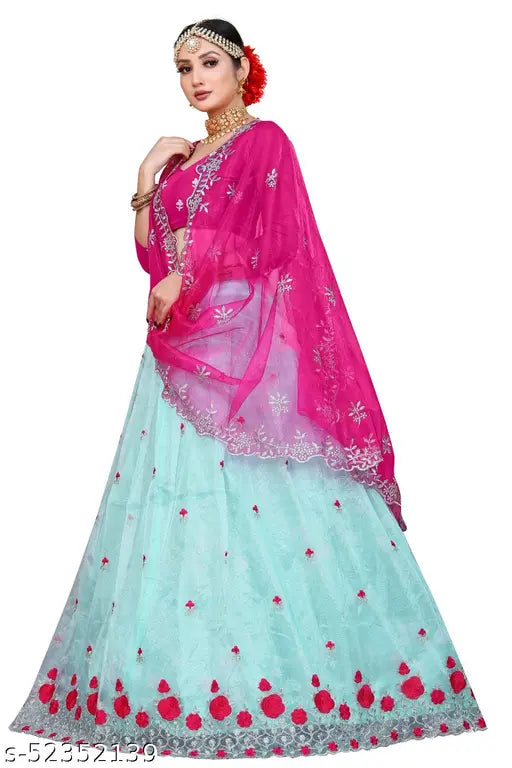 Embroidered net lehenga with dupatta, heavy dupion silk topwear and tissue dupatta, semi-stitched (waist size 44in, length 43in), cut work broderie in both, Indian origin