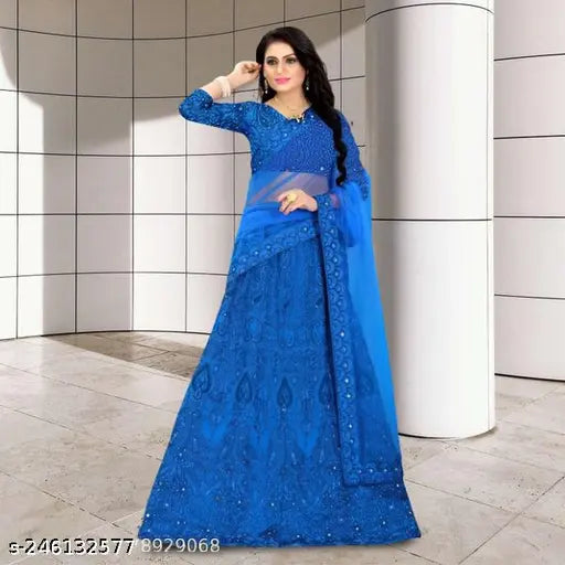 Elegant, floral-embroidered net lehenga and dupatta set. Trendy semi-stitched bridal topwear in taffeta silk, bottomwear and dupatta in net. Mirror work on top, embroidered patterns on dupatta. Free size, origin India. #StylishLehengasForWomen #DesignerNetLehengaWithDupatta