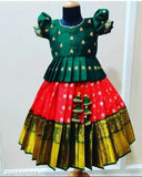 Customized kids silk lehenga choli, vibrant ethnic wear. Embroidered, colorblocked, short-sleeved traditional Indian attire for girls aged 18 months to 12 years. Dry clean only, regular fit, and suitable for various occasions like festivals, weddings, parties, and birthdays. Perfect gift for a special occasion. Made in India