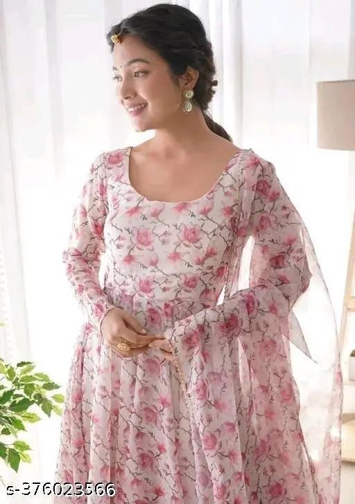 Georgette printed anarkali kurti with dupatta, long sleeve, knee-length, floral design, for women, India