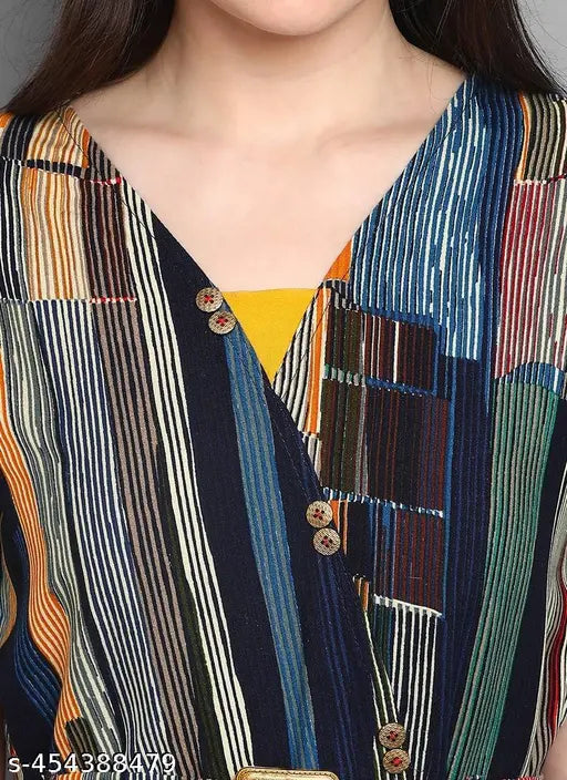 Multicolor striped rayon foil print round neck jumpsuit with three-quarter sleeves and belt buckle, ideal for casual wear or special occasions