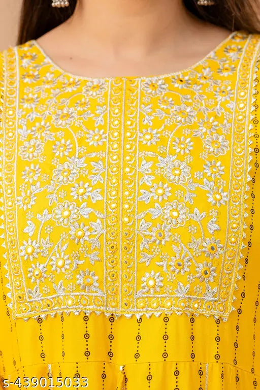 Yellow rayon embroidered Anarkali set with dupatta and sharara, festive collection, three-quarter sleeves, single piece, S/L sizes