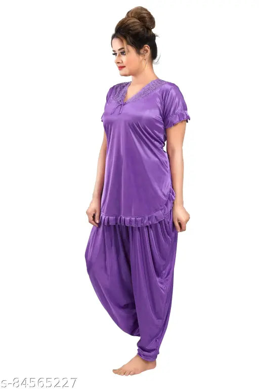 Purple satin dhoti top and patiala pants night suit by LIFETALE, featuring short sleeves and lace pattern