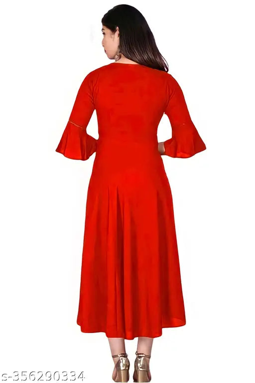 Red Rayon Anarkali Kurti with Gown Flare, stylish ethnic wear for women, hand wash or machine wash