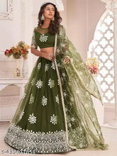 Dark green embroidered semi-stitched lehenga, unstitched blouse with dupatta (Free Size), Indian handwork thread art