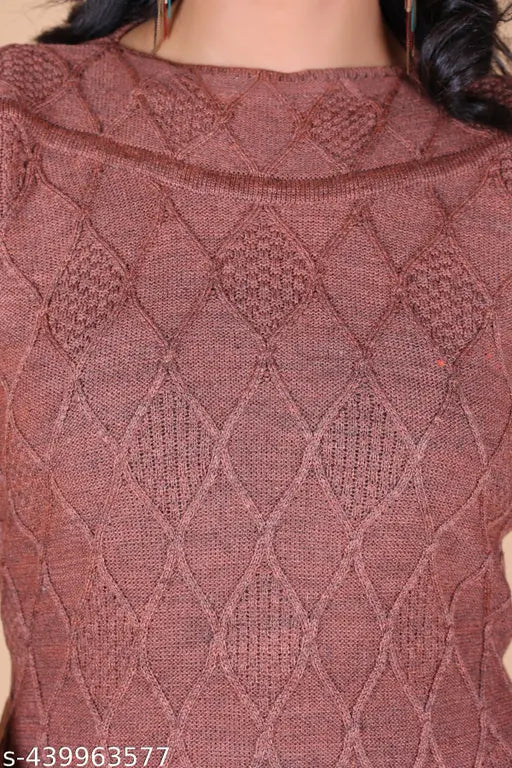 Wool striped winter kurti with three-quarter sleeves, crafted from eco-friendly Vardhman Daffodils yarn. Soft, breathable, vibrant, durable, and intricately detailed