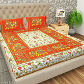 Orange Gangor Jaipuri Print Cotton Double Bed Sheet & 2 Pillow Covers - Traditional Rajasthani Design