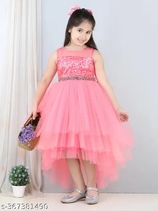 Pink net party dress, embellished hi-low style for kid girls, trendy knee length