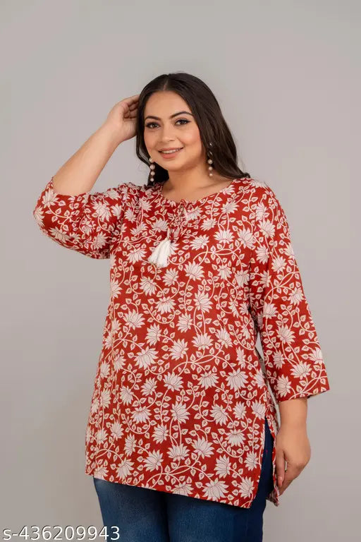 Plus size wine color rayon short kurti, printed combo, three-quarter sleeves, trendy Indian fashion