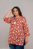 Plus size wine color rayon short kurti, printed combo, three-quarter sleeves, trendy Indian fashion
