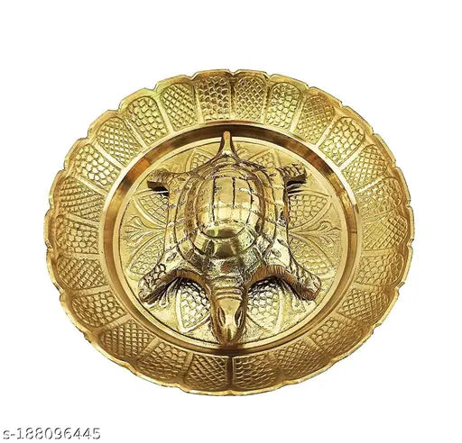 Gold brass turtle Feng Shui showpiece for career success & wealth on plate, perfect for home decor