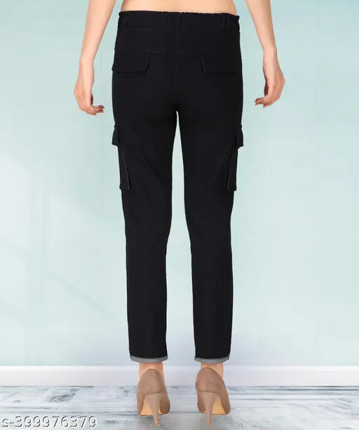 Stretchable premium denim cargo black jogger jeans for women, high waist, denim fabric with tie-ups, size 32-46 (Indian manufacturer)
