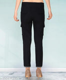 Stretchable premium denim cargo black jogger jeans for women, high waist, denim fabric with tie-ups, size 32-46 (Indian manufacturer)