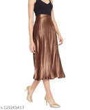 Satin pleated midi skirt for women, full length, elastic waist, flared hemline, western style, polyester lining
