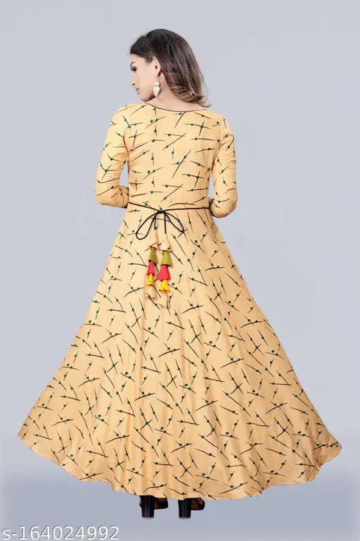 Cream color rayon anarkali pattern long kurti with three-quarter sleeves, Indian printed maxi dress for plus size