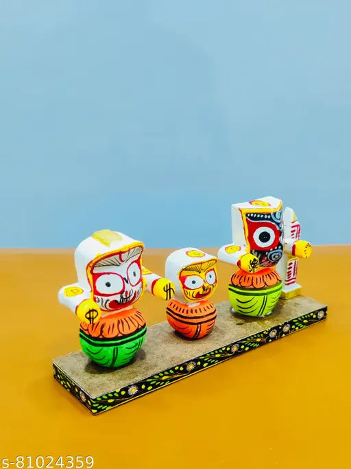 Marble & wood handicraft artwork: Lord Jagannath Balabhadra & Devi Shubhadra idol (14cm x 7cm x 0.5cm) - Indian religious showpiece for home, temple, or office