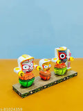Marble & wood handicraft artwork: Lord Jagannath Balabhadra & Devi Shubhadra idol (14cm x 7cm x 0.5cm) - Indian religious showpiece for home, temple, or office