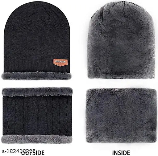 Blue & black woolen scarf cap set with neck warmer (2pcs), featuring fur detailing and warm acrylic knit material for ultimate winter comfort