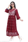 Rayon embroidered net three-quarter sleeve trendy gown kurti for women, India origin
