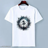 Mahadev printed polyester short sleeves t-shirt, Shiv Tandav design on bholenath white tee for men, size S (36in x 23in), made in India
