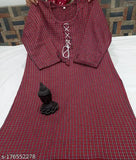 Stylish red woolen kurti, three-quarter sleeves, checked pattern, women's wear, India