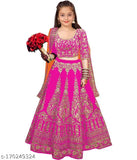 Poly silk embroidered lehenga set for kids, semi-stitched net dupatta, Indian ethnic wear (2-3 years)