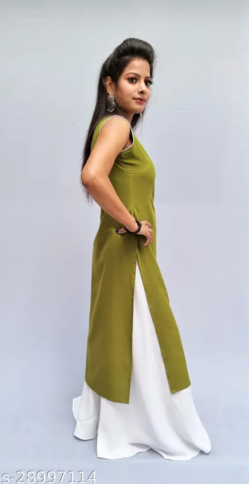 Green crepe sleeveless kurta with white palazzos, trending women's daily wear in India