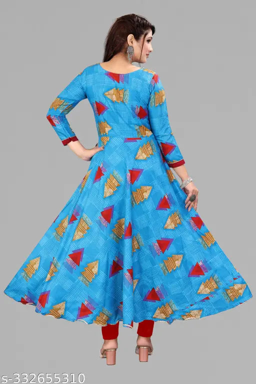 Rayon Firozi Color Key Long Anarkali Kurti with Three-Quarter Sleeves, printed combo, suitable for various occasions, India origin