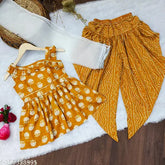 Yellow Rayon Bandhani Printed Ethnic Kurta Top Set with Dupatta and Dhoti (Cotton), perfect for 4-14 years girls, suitable for parties, weddings, Diwali, Navratri