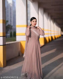 Brown georgette three-quarter sleeve gown duppatta set, solid pattern for Indian bridal wear