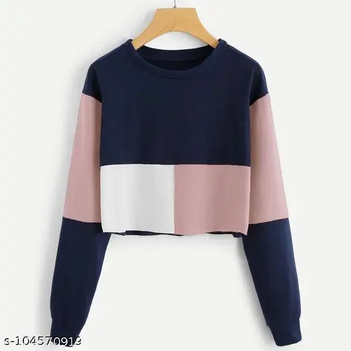 Women's colorblocked cotton crop top, long sleeves - stylish design for casual daily wear, pack of 1