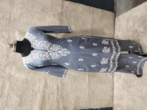 Rayon Chikankari printed kurta set with matching pants, three-quarter sleeves on model, India-made fashion for women's wardrobe