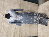 Rayon Chikankari printed kurta set with matching pants, three-quarter sleeves on model, India-made fashion for women's wardrobe