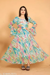 Red and white Georgette dress for women, heavy crape bell sleeves, digital printed fancy long dress