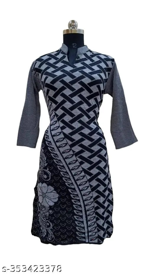Wool printed combo kurti with flower motif, long sleeves for trendy Indian fashion