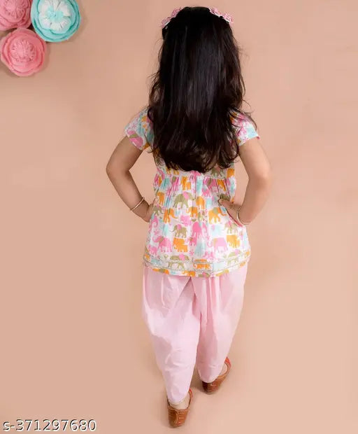 Pink cotton kurta and dhoti set, A-line top with short sleeves, festive party wedding wear for girls aged 2-8 years, Indian traditional clothing pack of 1