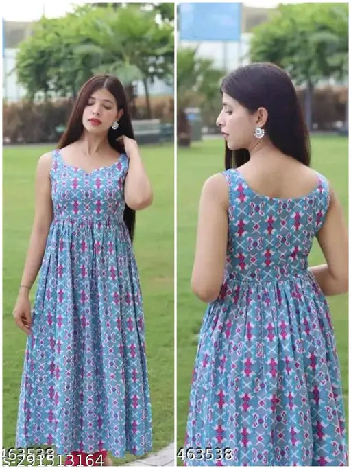 Blue sleeveless rayon kurta with multi-colored prints, ideal for fashionable outfits