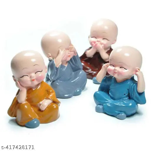 Hand-crafted Indian Baby Buddha Set (4Pc Monk), lightweight religious idols for home, office, and travel decorations