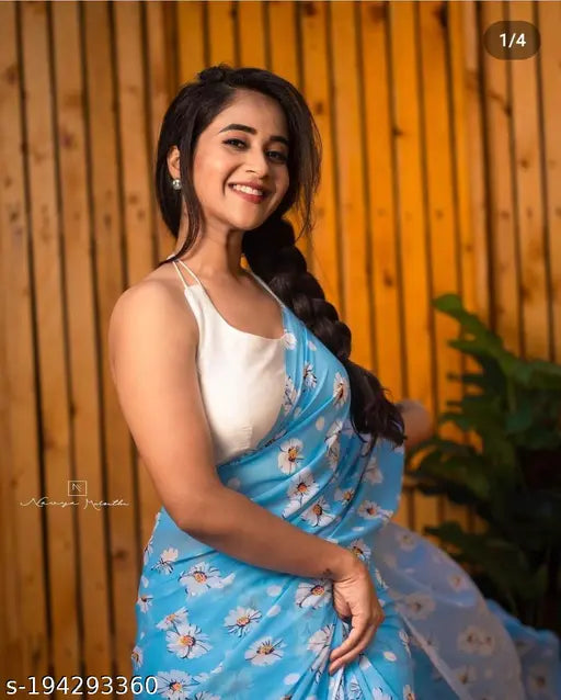 Georgette printed saree with solid net blouse, free size, Indian origin - Deepthi Sunaina's Adrika Fabulous Saree
