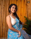 Georgette printed saree with solid net blouse, free size, Indian origin - Deepthi Sunaina's Adrika Fabulous Saree