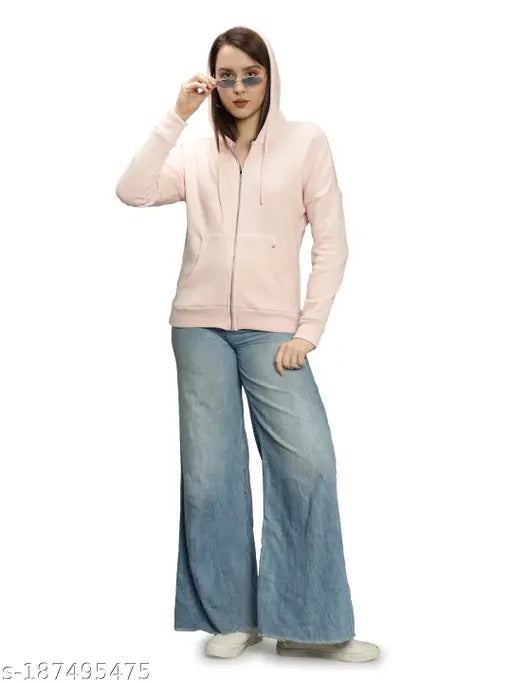 Peach cotton blend hoodie jacket with kangaroo pocket, perfect for lounging or casual wear