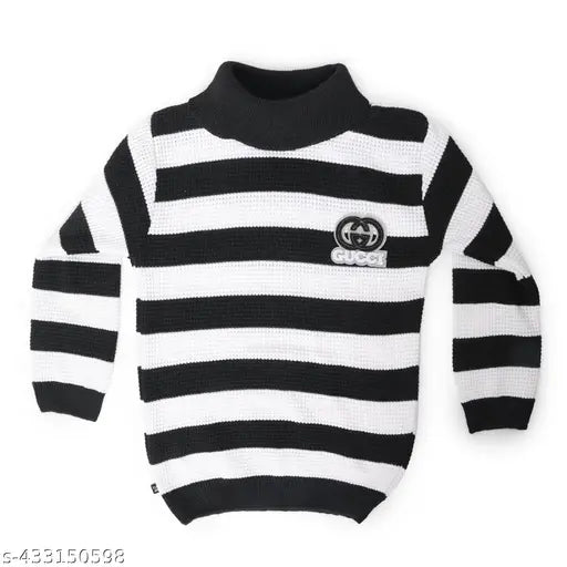Black and white striped high neck sweater for kids, wool fabric, long sleeves, printed pattern