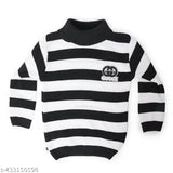 Black and white striped high neck sweater for kids, wool fabric, long sleeves, printed pattern