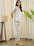 Grey viscose rayon women's printed nightsuit with short sleeves and pyjama bottoms