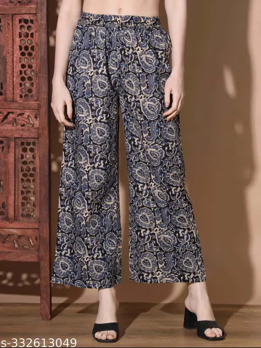 Blue Kalamkari Print Cotton Coord Set, Indian traditional kalamkari print on soft cotton fabric, knee-length kurta with roll-up sleeves and Mandarin neckline, paired with palazzo pants featuring a practical pocket