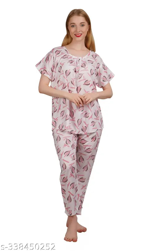 Women's rayon round neck short sleeve night suit with tropical print, featuring comfortable rayon fabric and relaxed fit for lounging or sleep