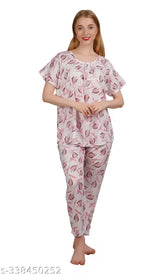 Women's rayon round neck short sleeve night suit with tropical print, featuring comfortable rayon fabric and relaxed fit for lounging or sleep